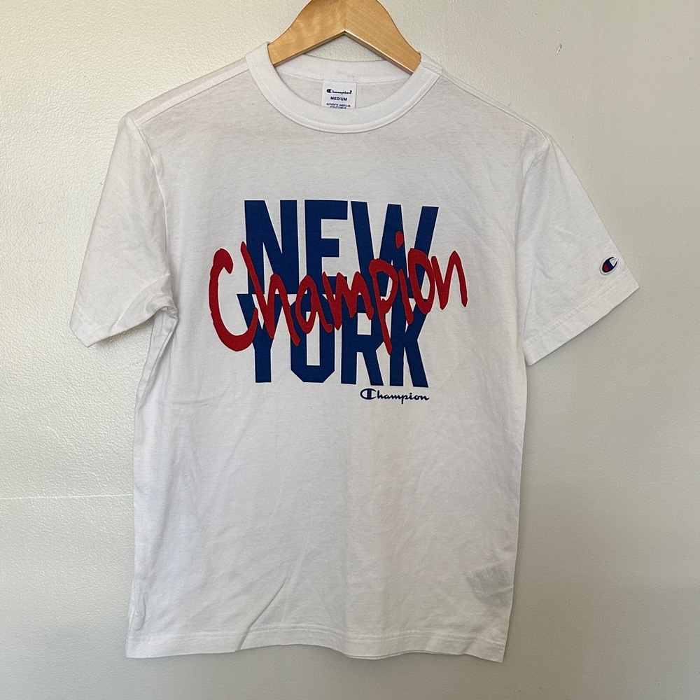Champion White Tee with Blue and Red New York Print